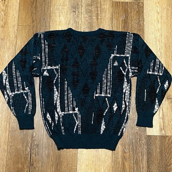 Vtg 90s Michael Gerald Abstract Sweater Mens M Blue White Geometric Grandpa Dad - Picture 4 of 6